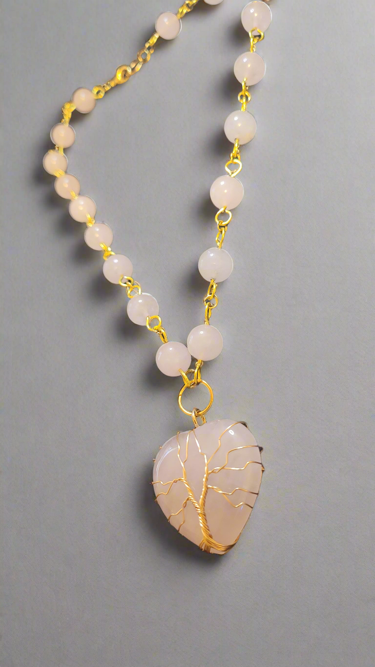 Rose Quartz Tree of Life Heart Beaded Pendant