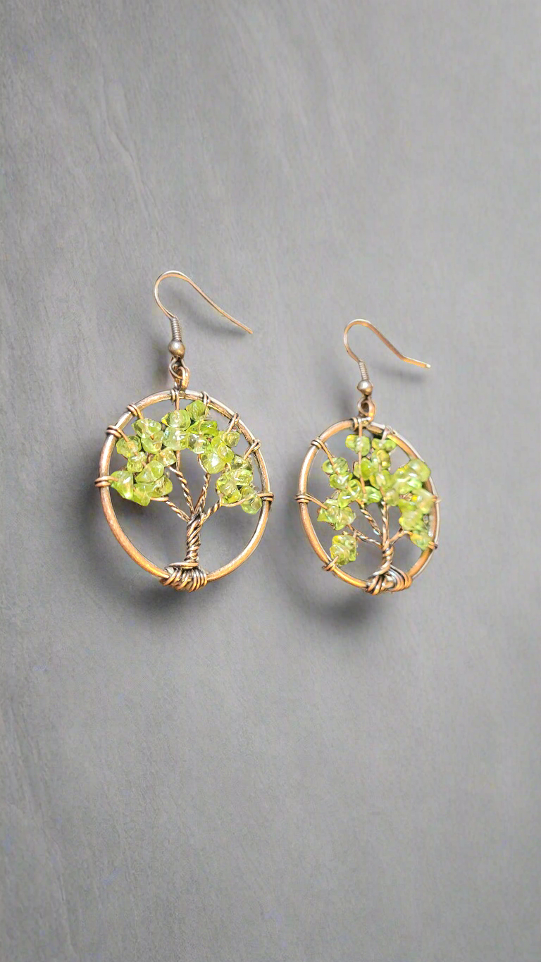 Green Natural Stone Tree of Life Earrings