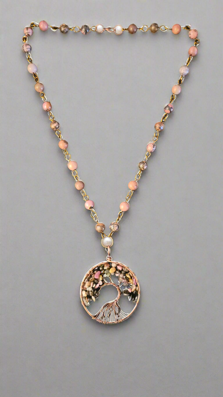 Pink Rhodonite Copper Wire Tree of Life Amulet Necklace