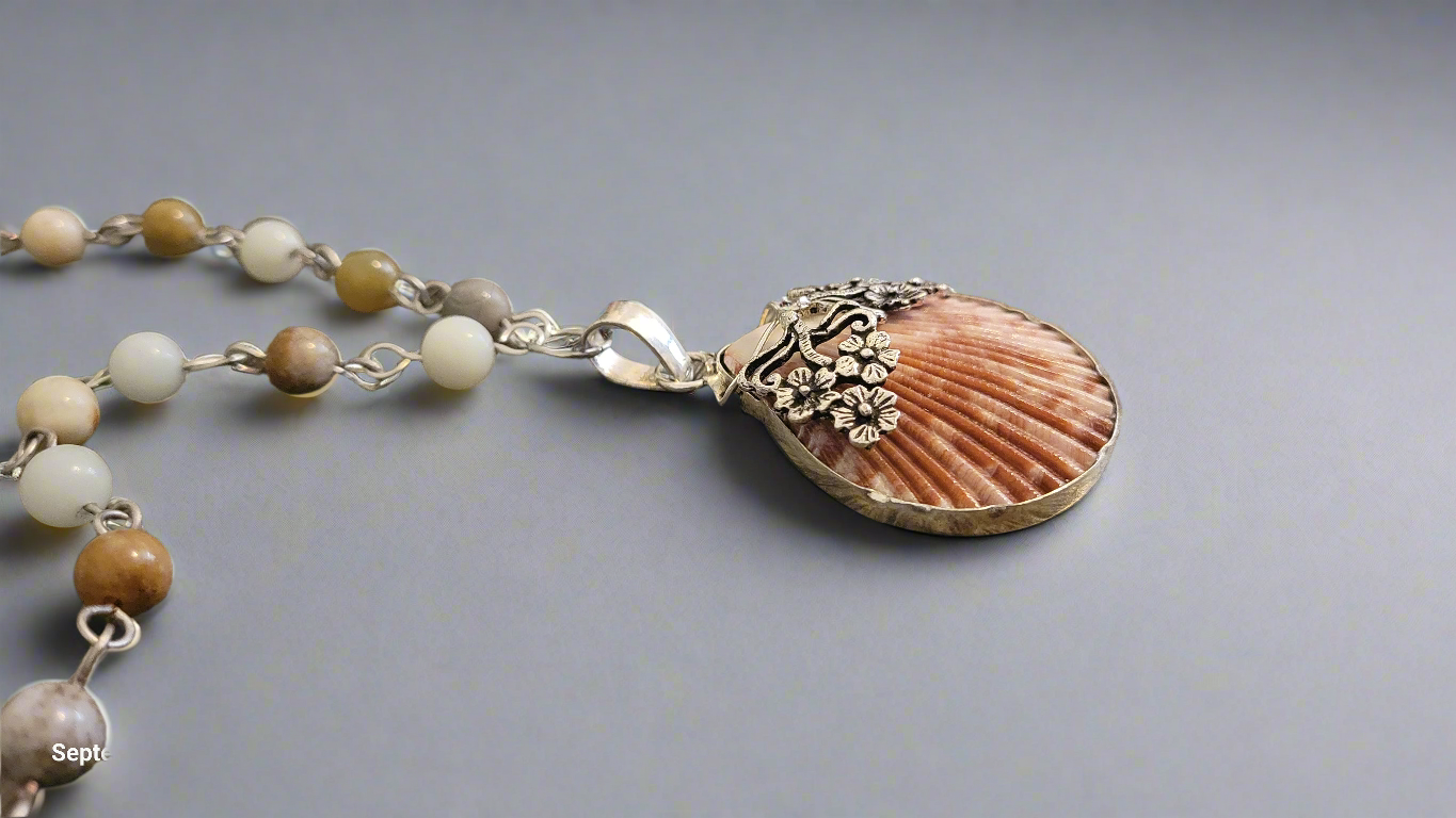 Beachy Agate Necklace with Orange Sea Shell Pendant and Agate Memory Wire Bracelet