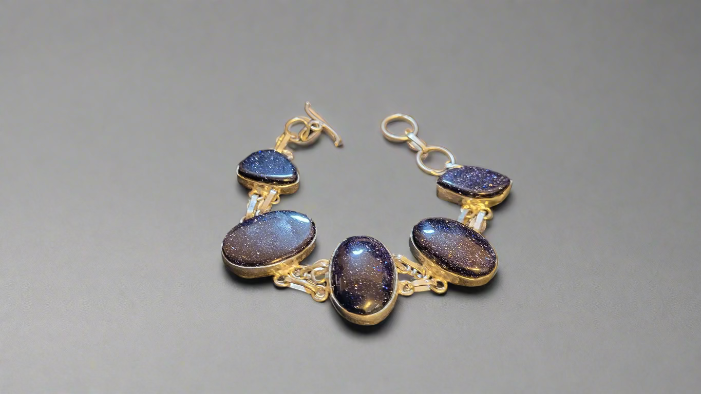 Blue Sandstone Ovals in Sterling Silver Double Link Bracelet