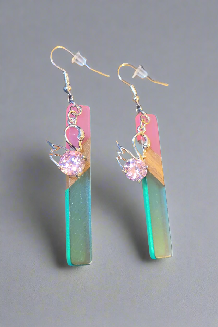 CZ Swan Pink & Blue Dangle Earrings