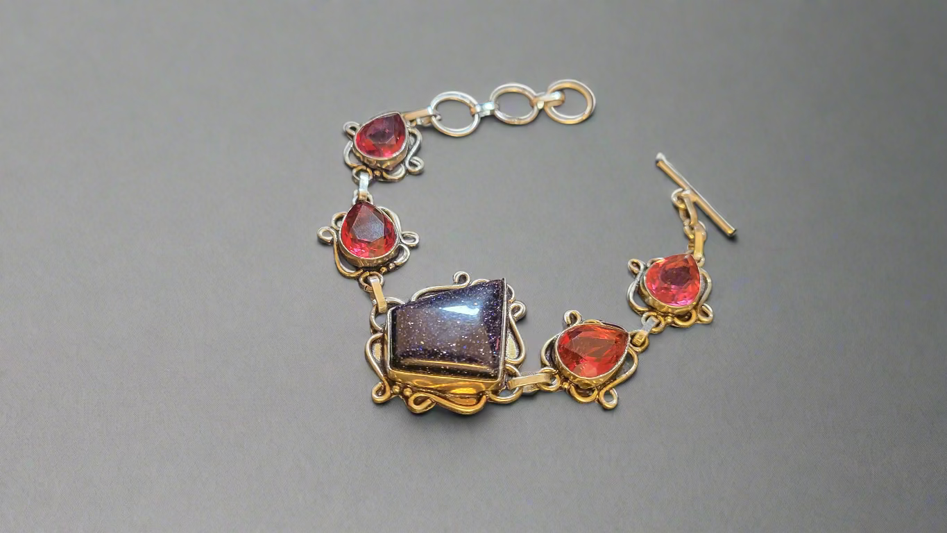 Garnet & Blue Sandstone Sterling Silver Bracelet