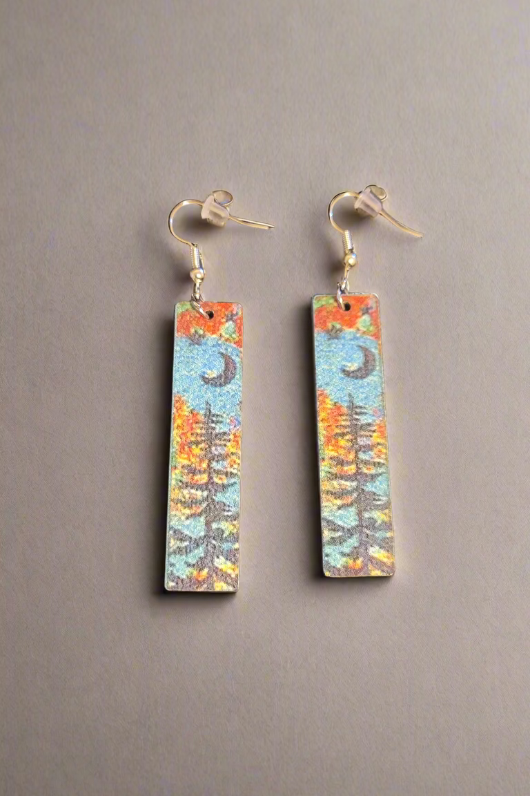 Blue & Orange Wood Rectangle Forest Design Earrings