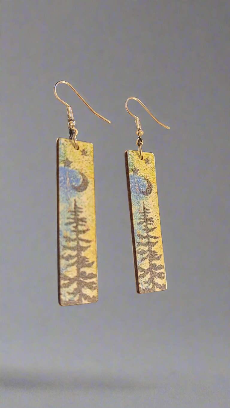 Blue & Green Wood Rectangle Forest Design Earrings