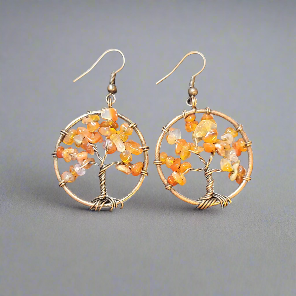 Red Aventurine Copper Wire Wrap Tree Earrings