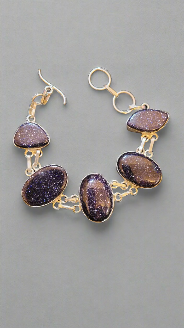 Blue Sandstone Ovals in Sterling Silver Double Link Bracelet