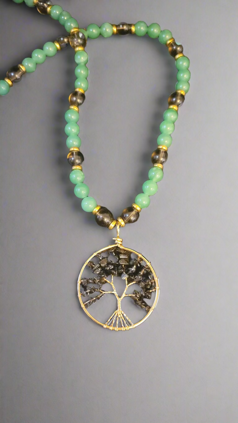 Obsidian Tree of Life Pendant on Green Aventurine and Smokey Quartz Necklace