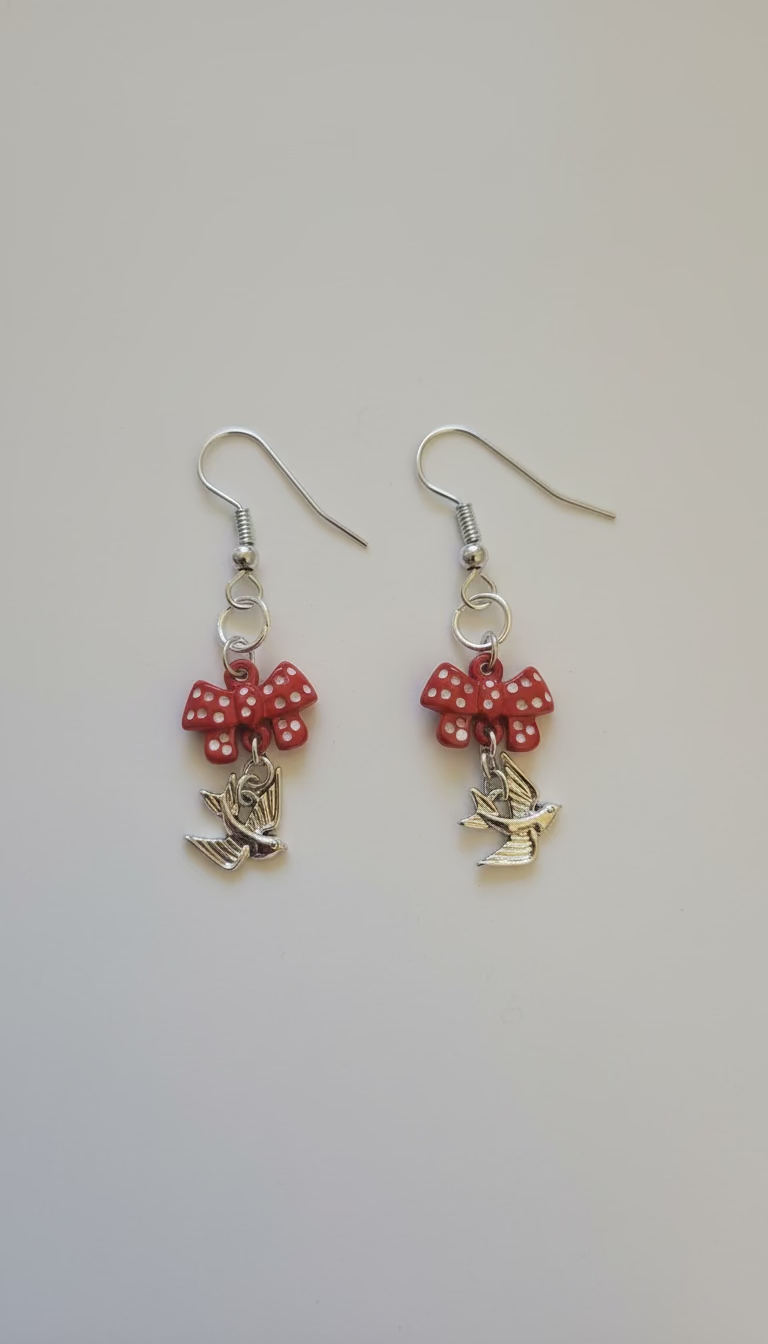 Red Polka Dot Bow & Sparrow Dangle Earrings