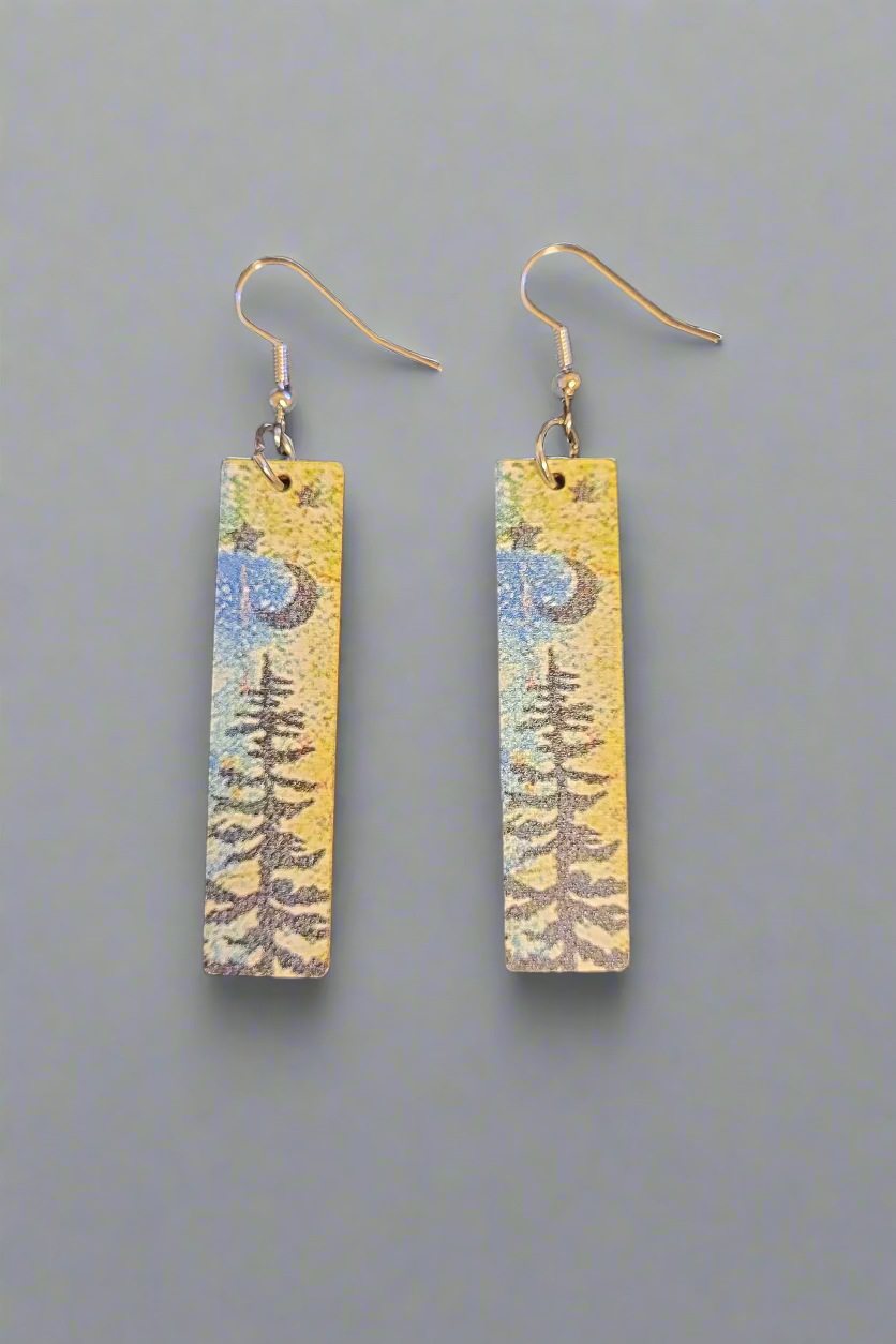 Blue & Green Wood Rectangle Forest Design Earrings