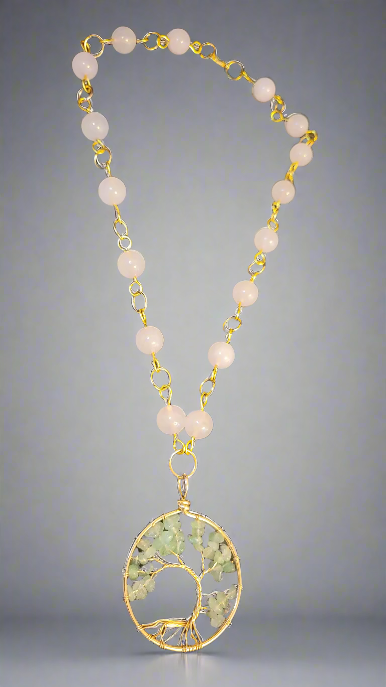 Green Aventurine Tree of Life Pendant on Rose Quartz Link Necklace
