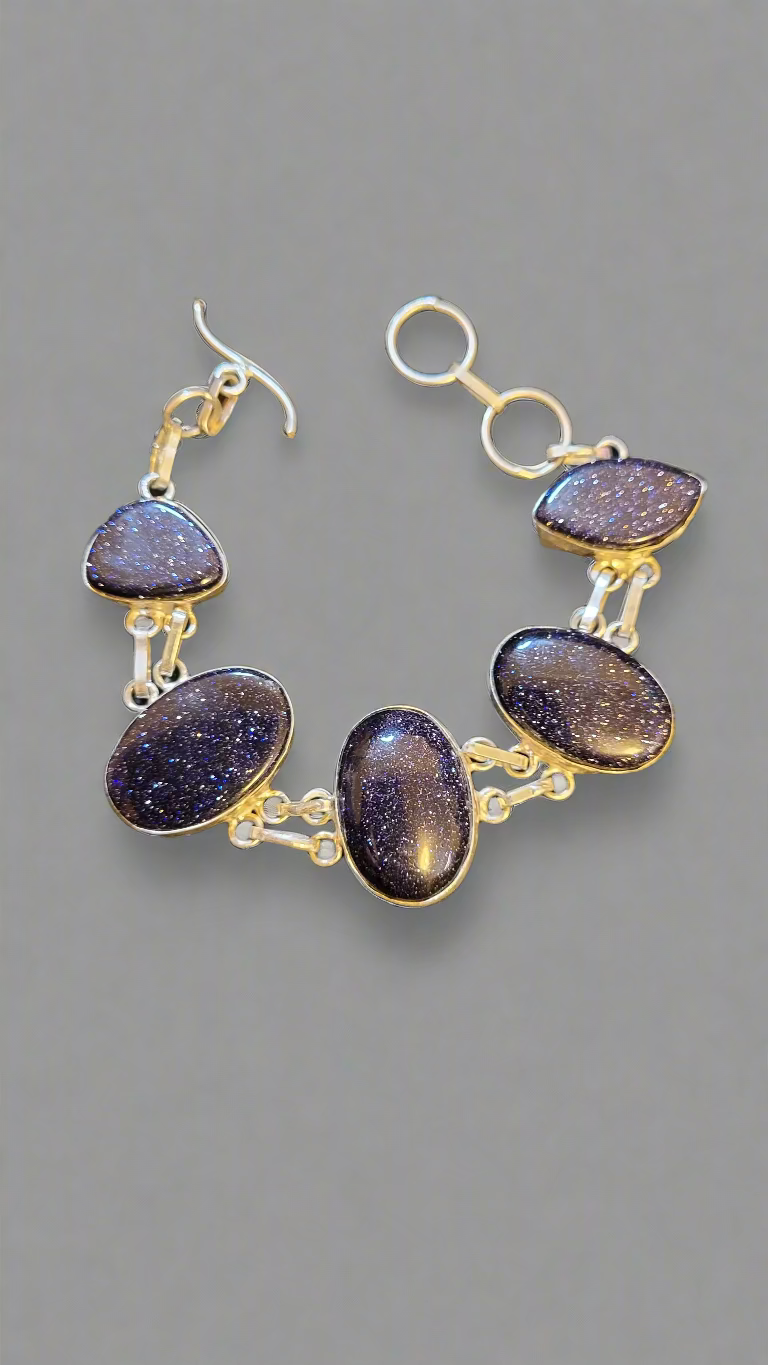 Blue Sandstone Ovals in Sterling Silver Double Link Bracelet