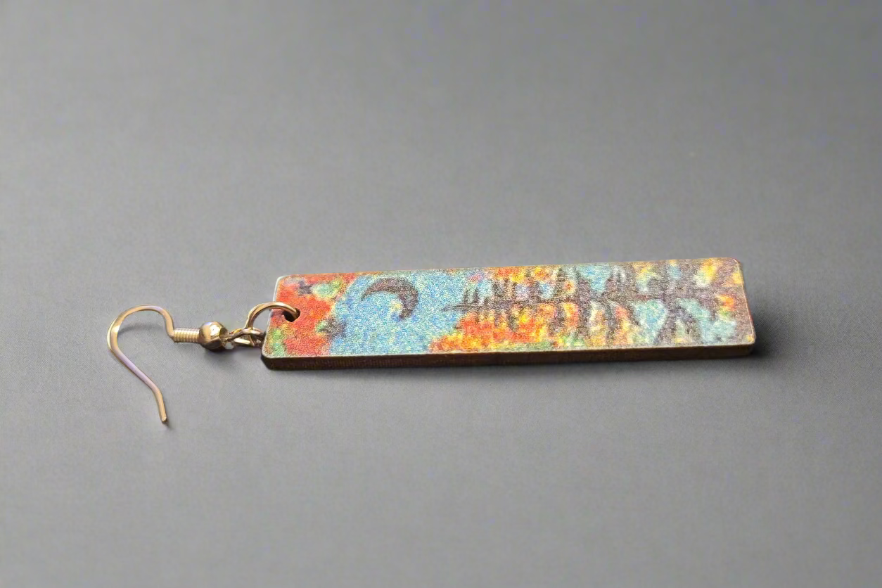 Blue & Orange Wood Rectangle Forest Design Earrings