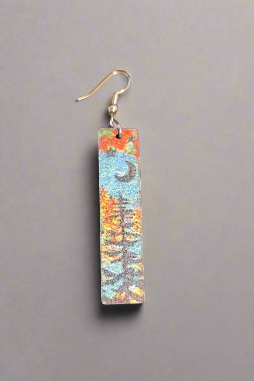 Blue & Orange Wood Rectangle Forest Design Earrings