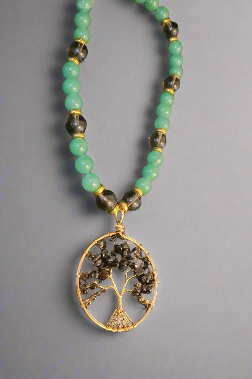 Obsidian Tree of Life Pendant on Green Aventurine and Smokey Quartz Necklace