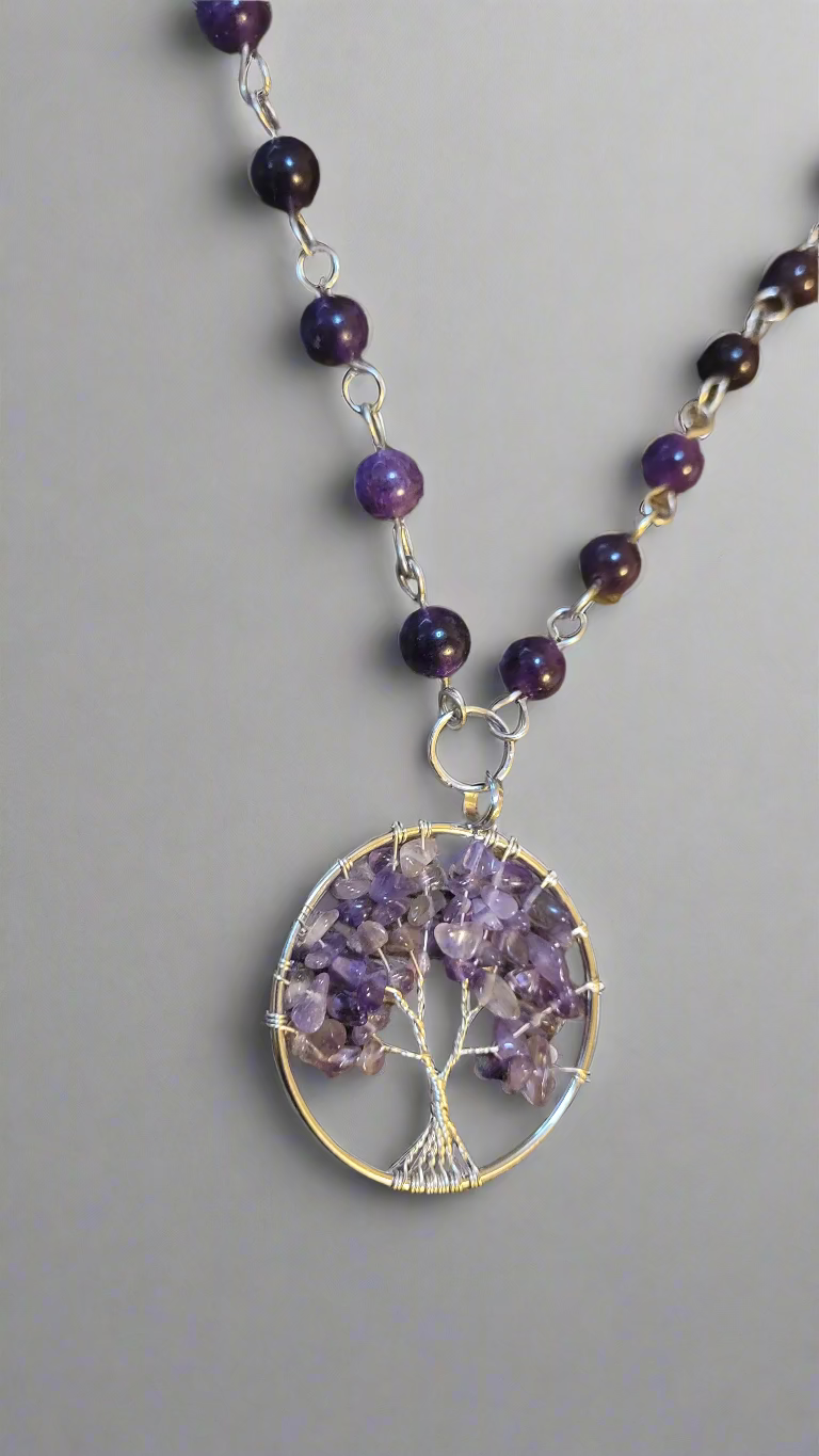 Amethyst Wire Wrap Tree of Life Pendant on Amethyst Link Chain Necklace