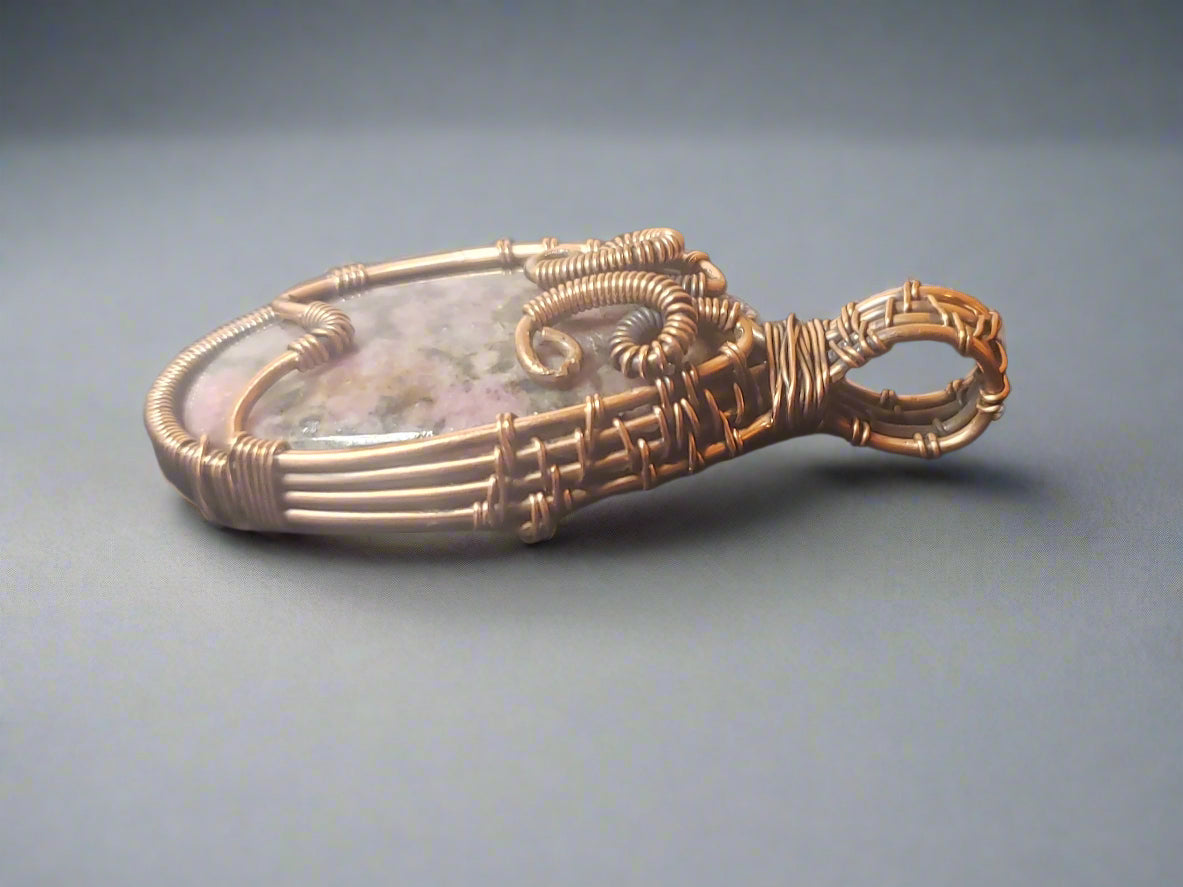 Pink Rhodonite Copper Wire Wrapped Pendant