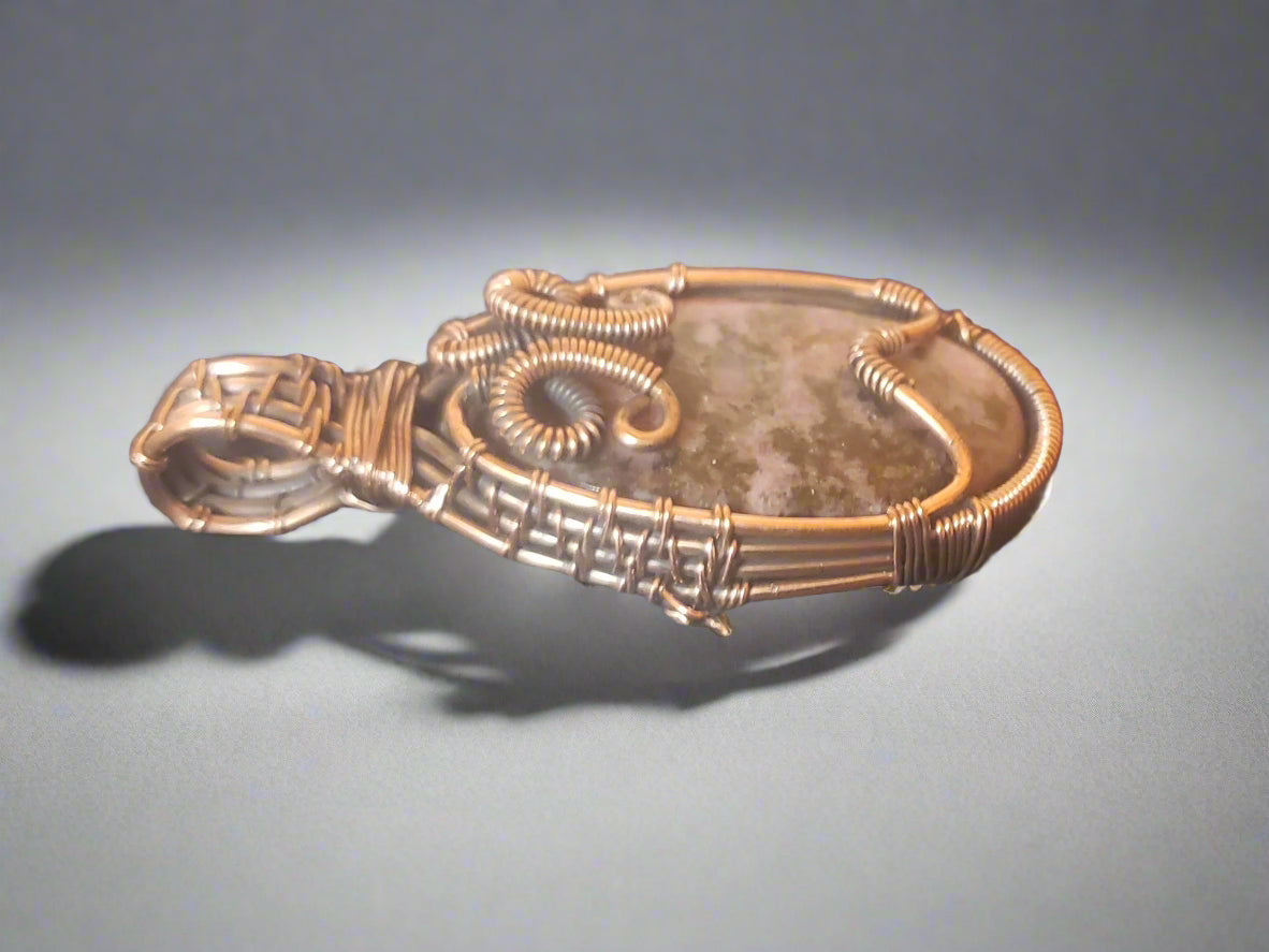 Pink Rhodonite Copper Wire Wrapped Pendant
