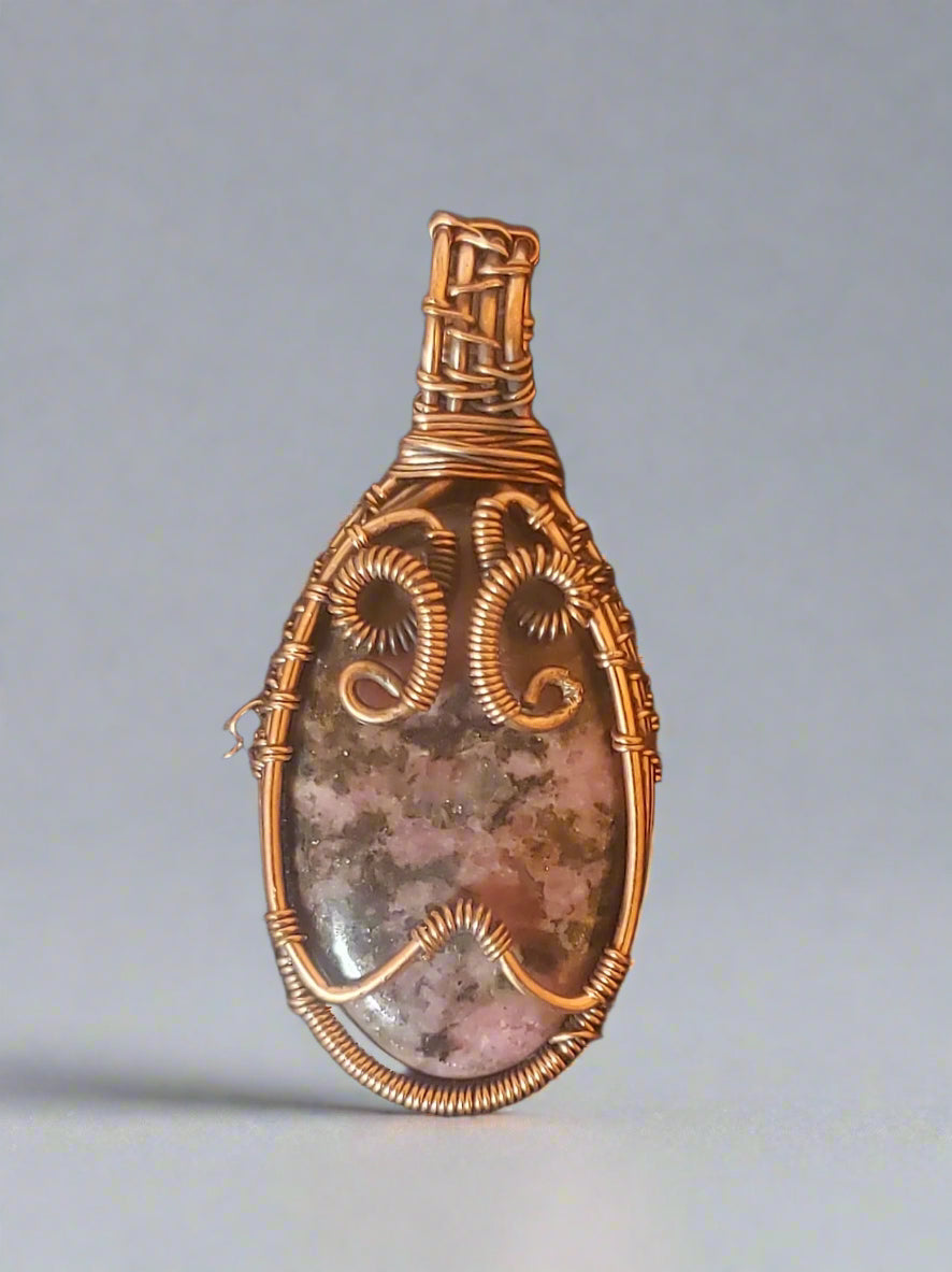 Pink Rhodonite Copper Wire Wrapped Pendant