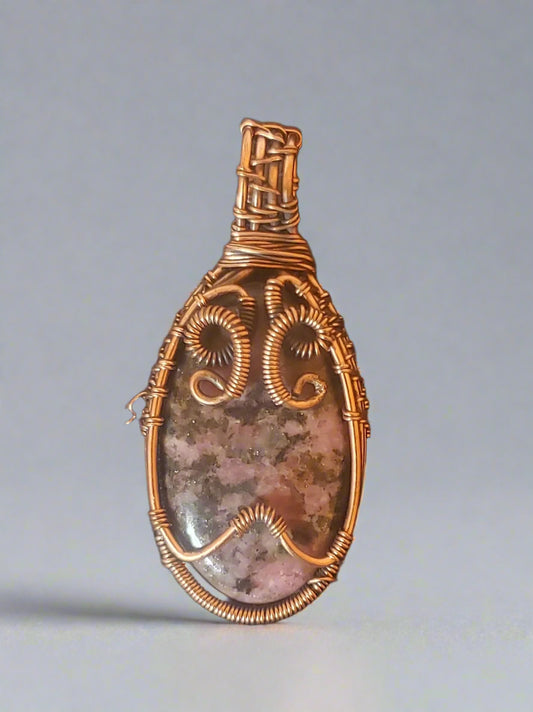 Pink Rhodonite Copper Wire Wrapped Pendant