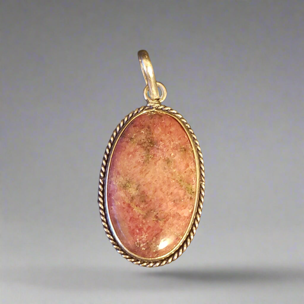 Pink Rhodonite Oval in Sterling Silver Pendant