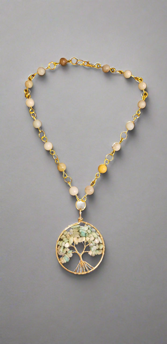 Amazonite Wire Wrap Tree Amulet on Agate Link Necklace