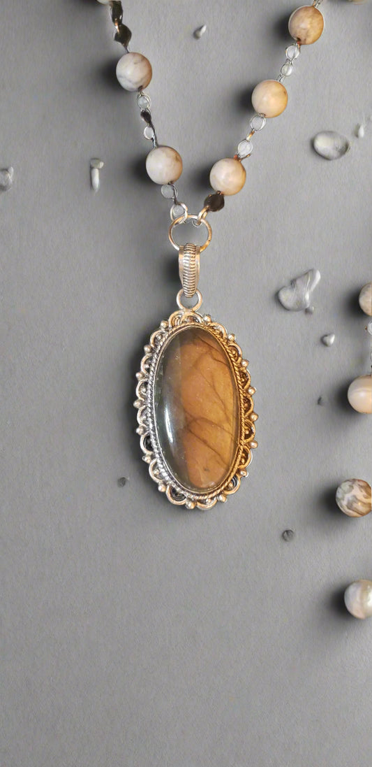 Labradorite in Sterling Silver Pendant with Grey Silk Agate Chain Necklace