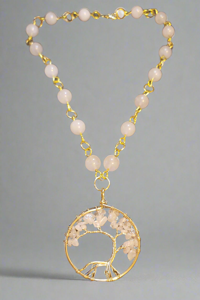 Rose Quartz Tree of Life Amulet on Rose Quartz Link Chain