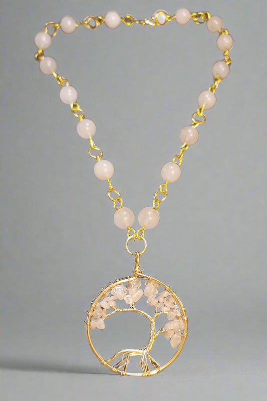 Rose Quartz Tree of Life Amulet on Rose Quartz Link Chain