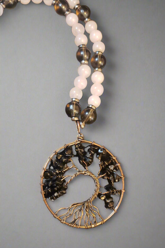 Obsidian Large Tree of Life Amulet on Rose Quartz and Smokey Quartz Necklace
