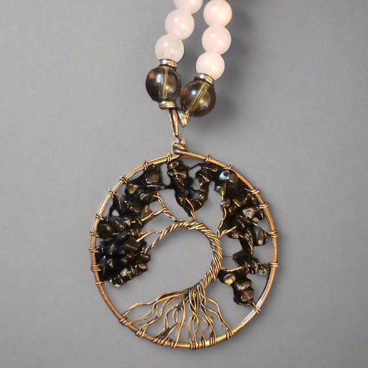 Obsidian Large Tree of Life Amulet on Rose Quartz and Smokey Quartz Necklace