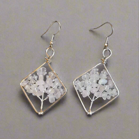 Rock Quartz Lazuli Wire Wrapped Tree of Life Diamond Shape Dangle Earrings