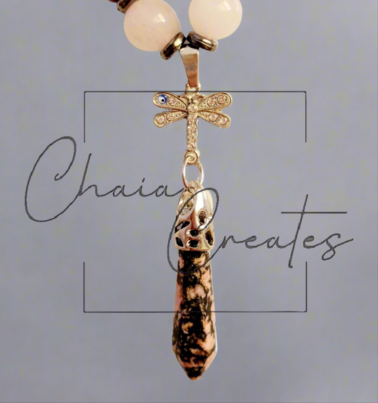 Dragonfly Protection Amulet Rhodonite & Rose Quartz Beaded Necklace