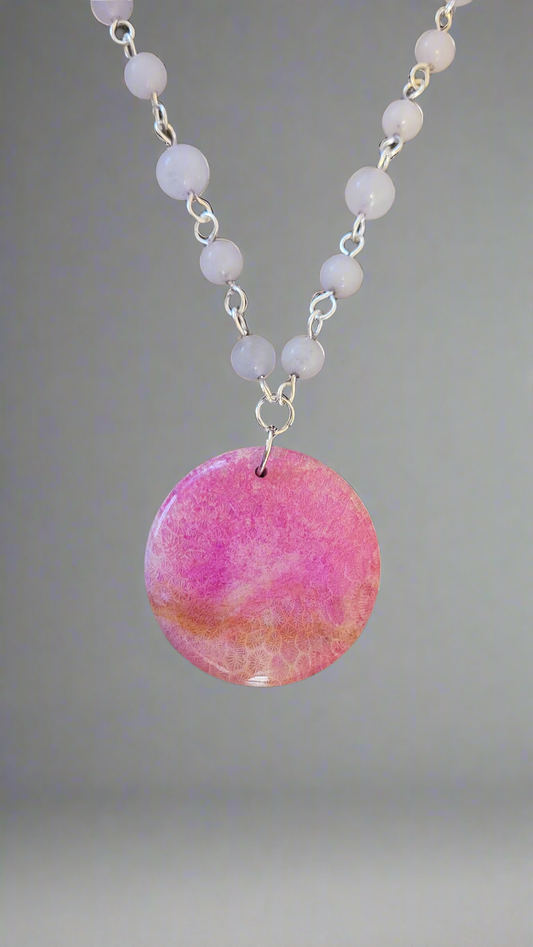 Pink Chrysanthemum Agate on Rose Quartz Link Necklace