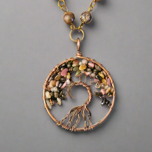 Pink Rhodonite Copper Wire Tree of Life Amulet Necklace