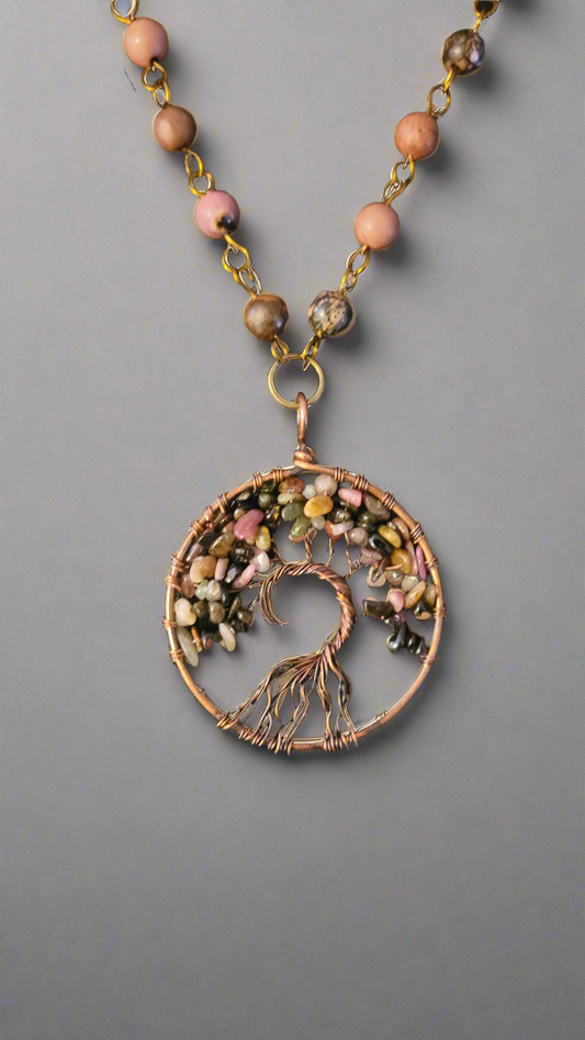 Pink Rhodonite Copper Wire Tree of Life Amulet Necklace