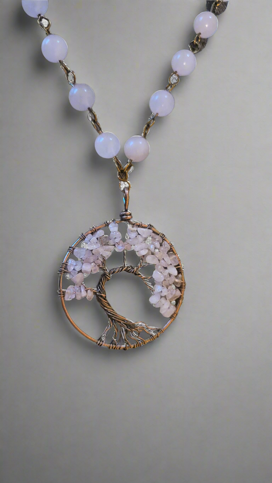 Rose Quartz & Copper Wire Tree of Life Medallion Necklace