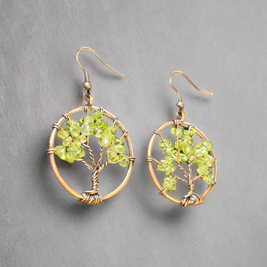 Green Natural Stone Tree of Life Earrings