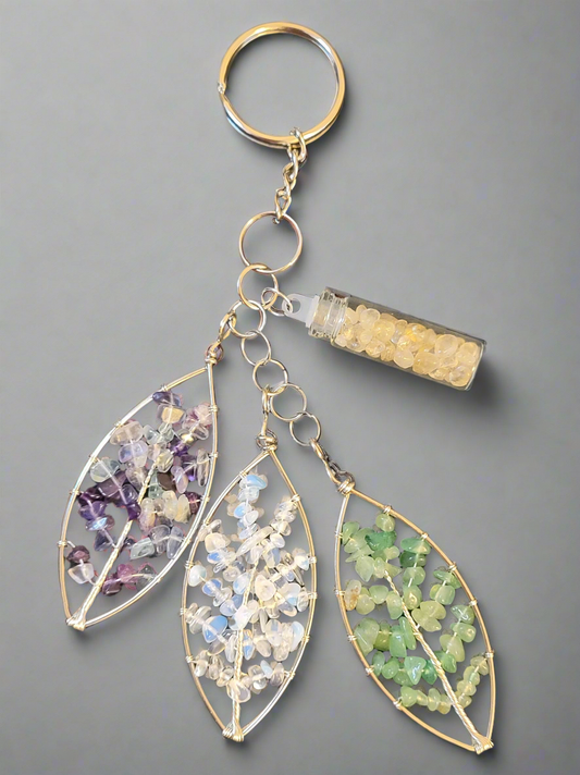 Natural Stone Wire Wrapped Leaf Trio Keychain