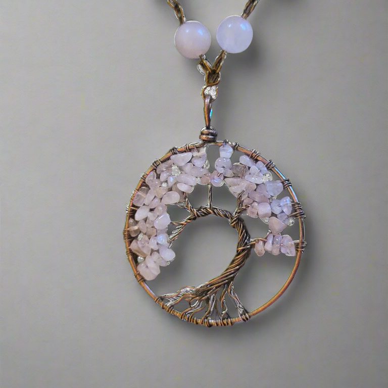 Rose Quartz & Copper Wire Tree of Life Medallion Necklace