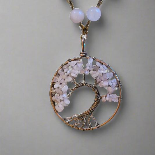 Rose Quartz & Copper Wire Tree of Life Medallion Necklace