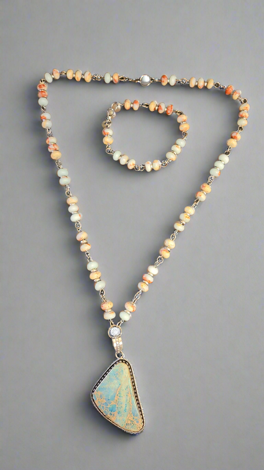 Aqua Blue Sea Sediment Jasper Necklace and Bracelet Set