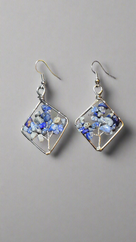 Lapis Lazuli Wire Wrapped Tree of Life Diamond Shape Dangle Earrings