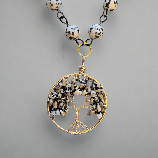 Dalmatian Jasper Wire Wrapped Tree of Life Necklace