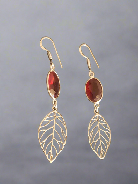 Garnet in Sterling Silver Dangle Leaf Earrings