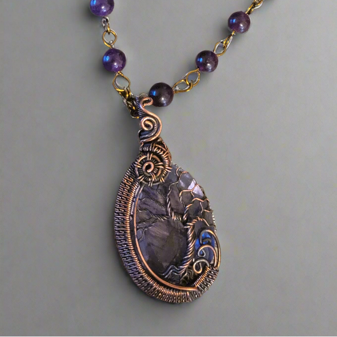 Amethyst & Copper Wire Tree of Life on Amethyst Beaded Necklace