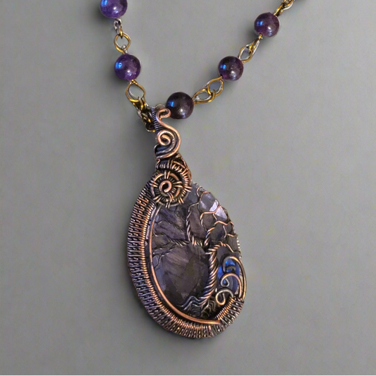Amethyst & Copper Wire Tree of Life on Amethyst Beaded Necklace
