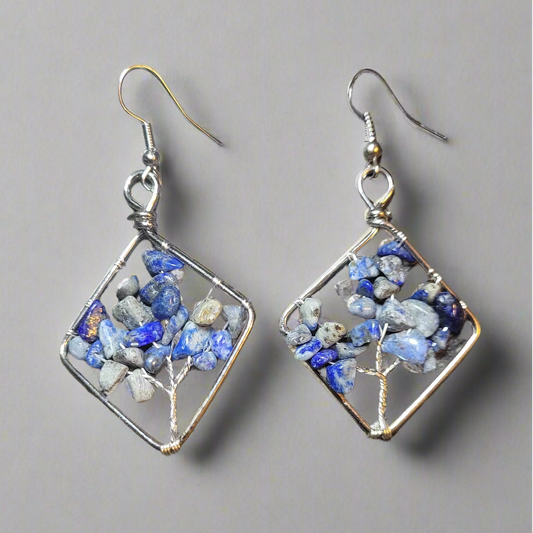 Lapis Lazuli Wire Wrapped Tree of Life Diamond Shape Dangle Earrings