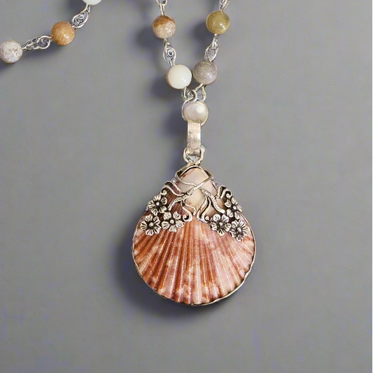 Beachy Agate Necklace with Orange Sea Shell Pendant and Agate Memory Wire Bracelet