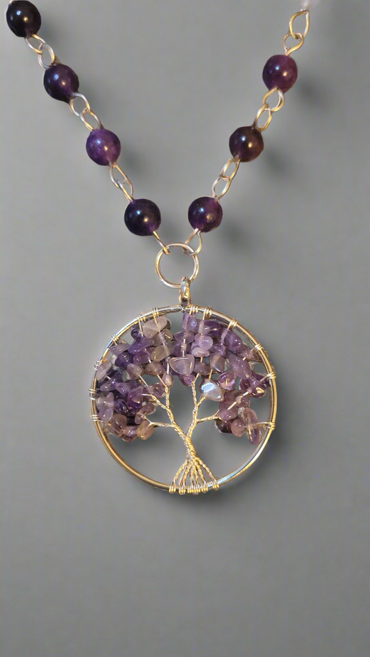 Amethyst Wire Wrap Tree of Life Pendant on Amethyst Link Chain Necklace
